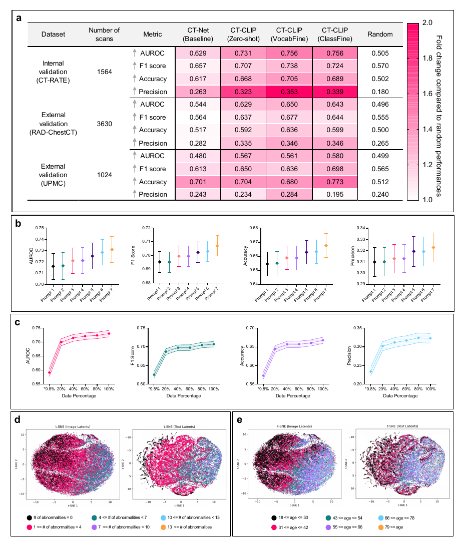 CT-CLIP classification and external-validation results