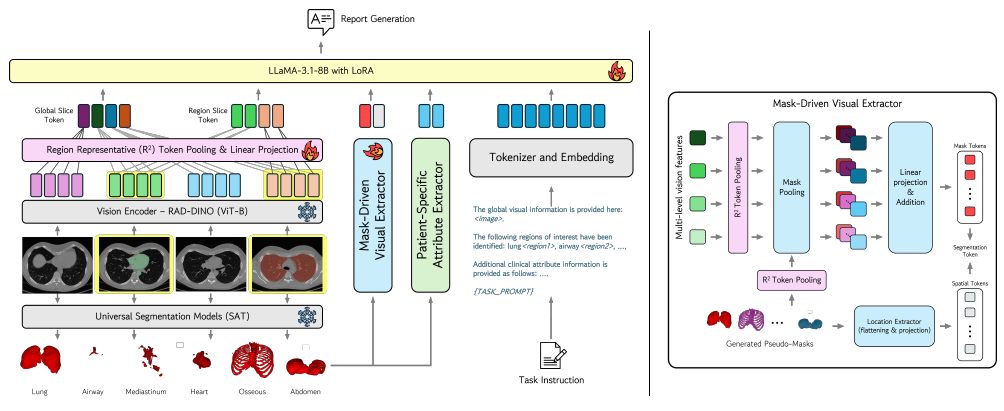 MedRegion-CT architecture with region tokens and attributes